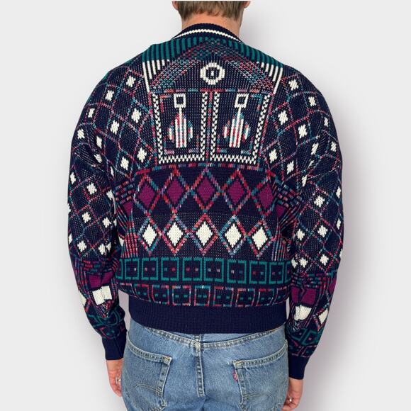 80s McGregor Navy Teal Purple Absract‎ Sweater Size M - Picture 4 of 4